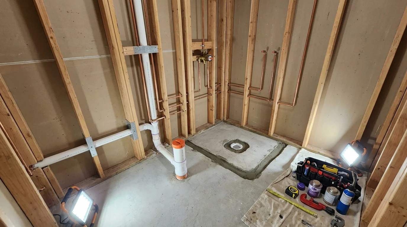 Bathroom rough-in plumbing during remodel by Johns Plumbing LLC in Forreston