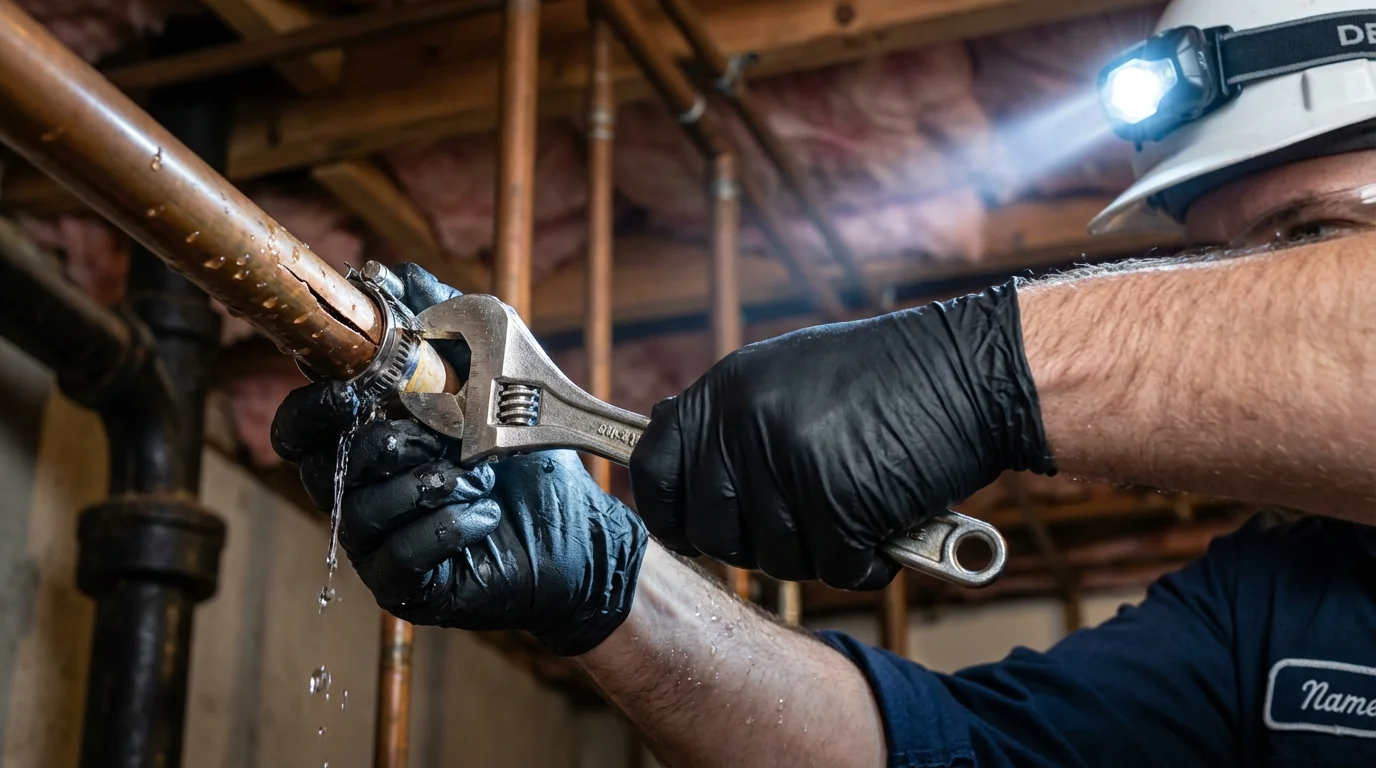 Emergency pipe clamp repair being performed by a Johns Plumbing LLC plumber in Forreston