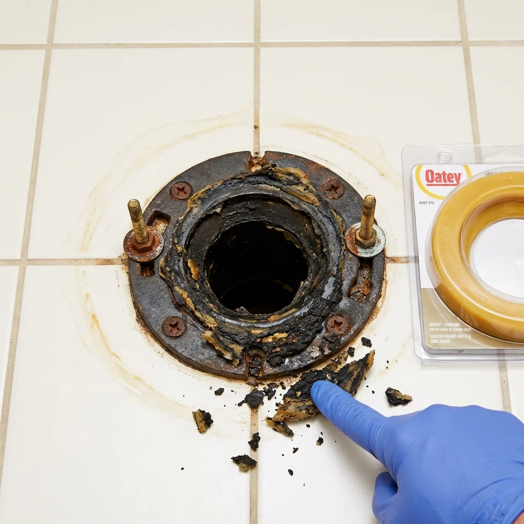Failed wax ring showing water seepage at the base of a toilet in a Forreston, IL home