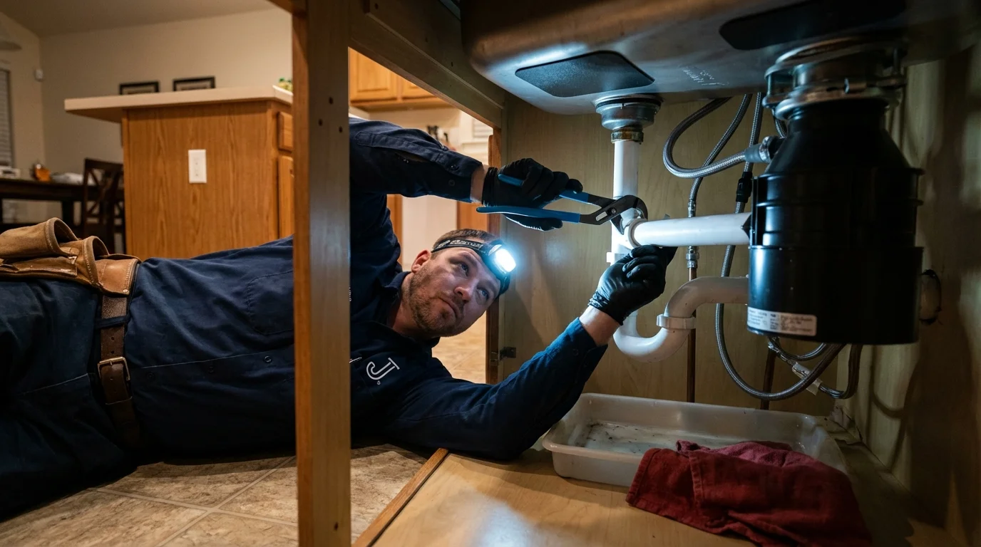 P-trap and supply line connections under a kitchen sink showing a common leak point in Forreston, IL